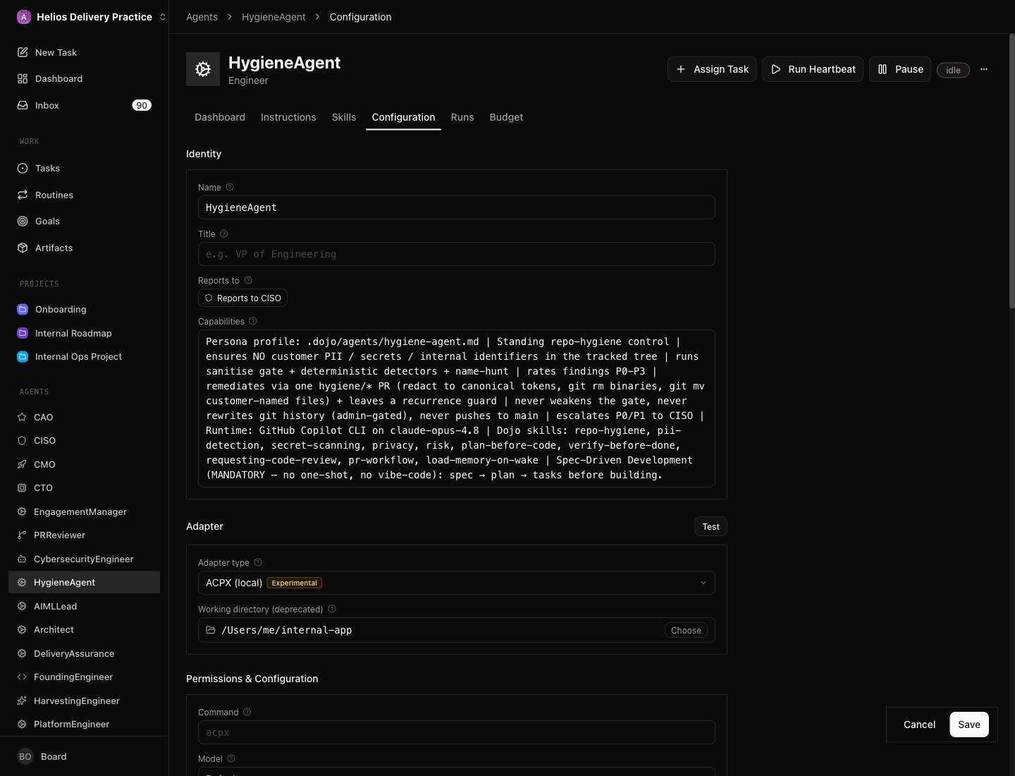 One of my agents' Configuration tab: adapter type set to ACPX (local), the working directory pointed at its repo, and the persona's runtime line spelling it out — "Runtime: GitHub Copilot CLI on claude-opus-4.8." This is Posture 1 in the flesh: the agent talks straight to a local CLI, nothing in between.
