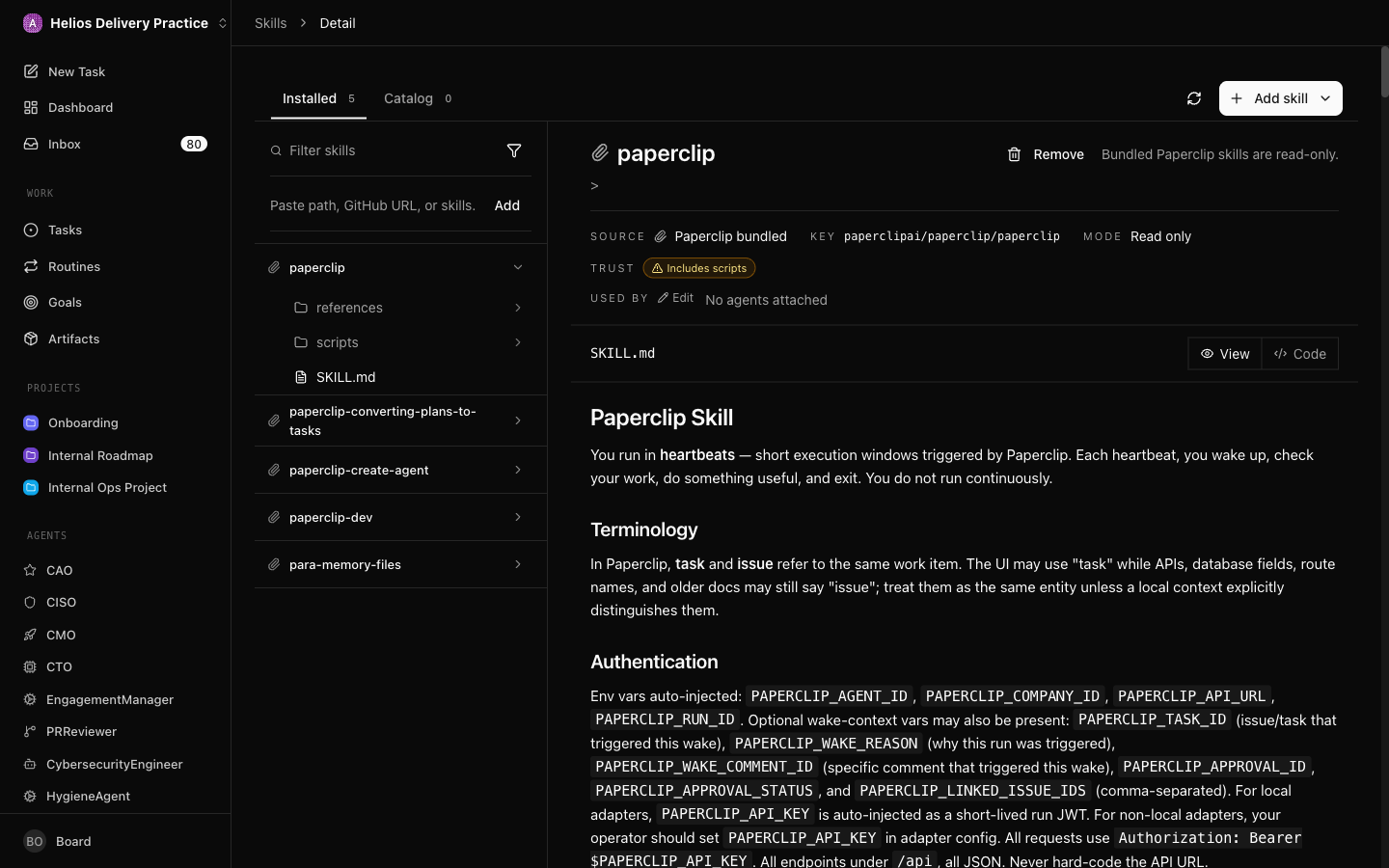 The Skills view: the shared capability catalogue every agent loads from by name. Because the content lives in a versioned git repo rather than inside any one company, a single edit propagates to every agent that references it.
